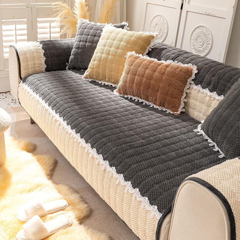 Sofa Cushion Plush Luxury Wind Four Seasons General Simple Modern Non-slip Houndstooth Mat Autumn and Winter Cushion Cover.