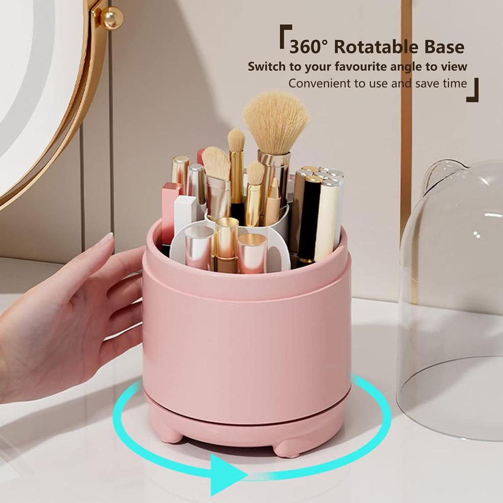 Cute Makeup Brush Holder Organizer with Lid, Rotating Dustproof Make Up Brushes Container with Clear Acrylic Cover