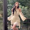 High-quality Korean version of autumn clothing, new sweet temperament, apricot neck off-the-shoulder top, waist skirt, two-piece suit for women