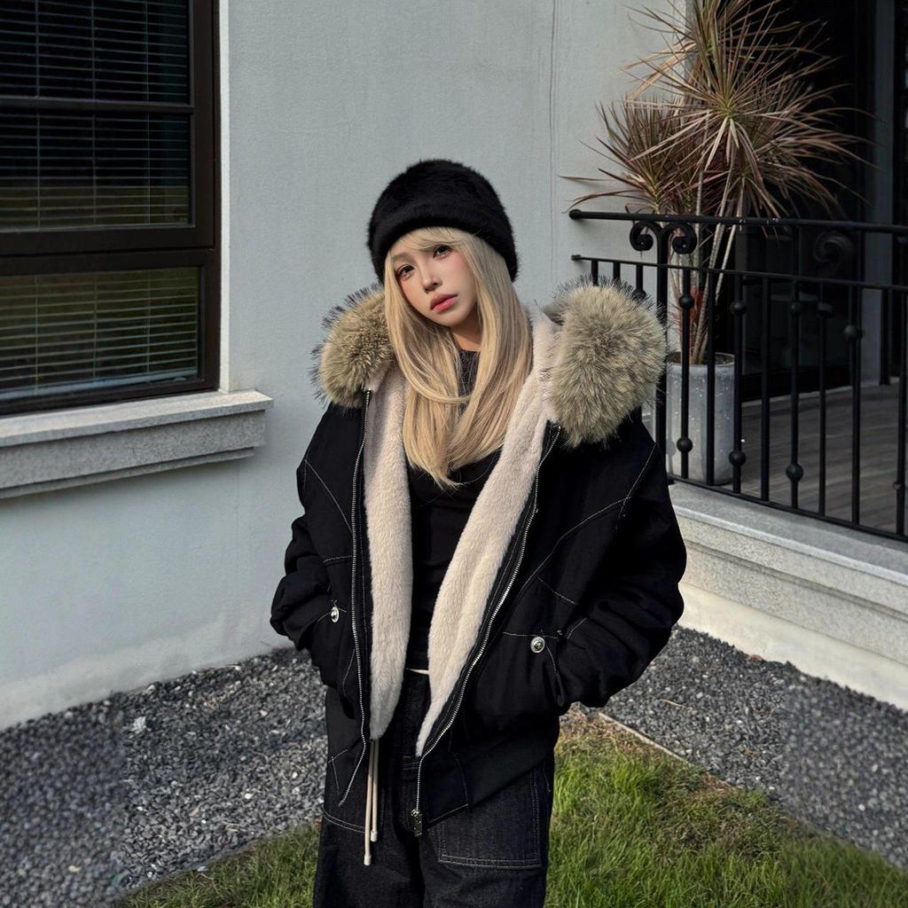 Women's Winter Guochao Zuo Furry Hooded Parka - Super Thick, Water-Washed, Loose Fit Cotton Coat