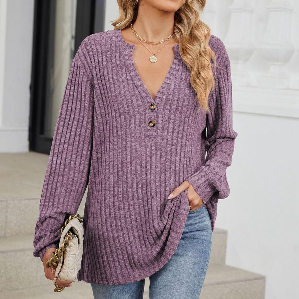 Women's Fashionable Solid Color V Neck Button Long Sleeved Loose T-shirt Top