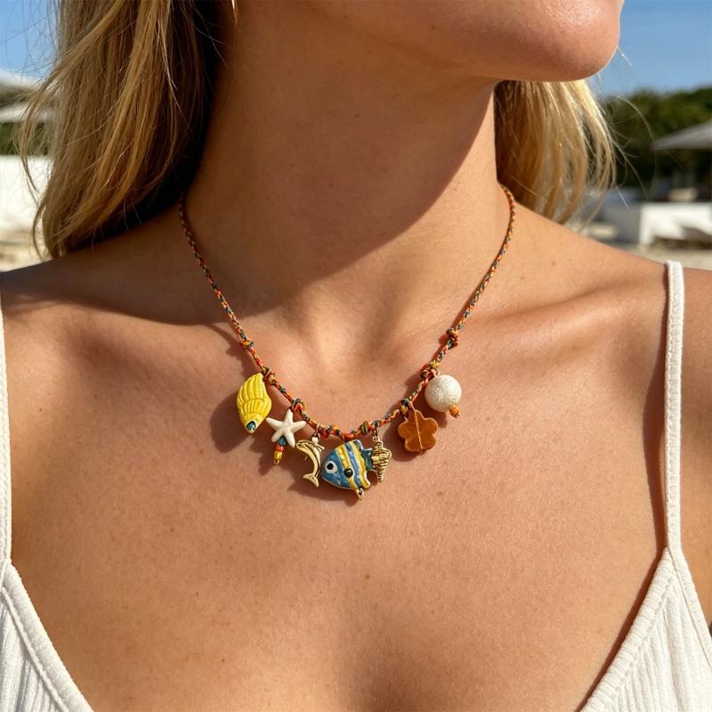 Braided Cord Shell Necklace Coastal Neckchain With Ceramic Ocean Details for Beach Vacation, Resort Wear and Casual Use