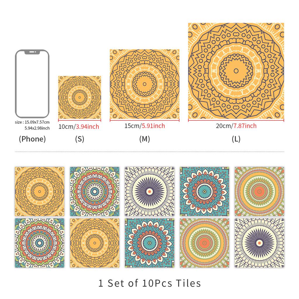10 Pieces Of Mandala Flower Brick Self-Adhesive Wall Sticker Waterproof Oil-Proof Kitchen Living Room Wall Decoration European Crystal Tile Sticker