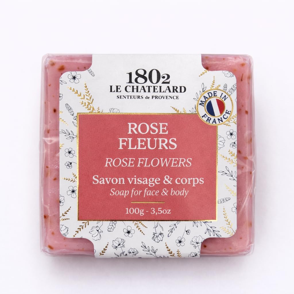 

LeChatelard 1802 French Natural Rose Flowers Exfoliating Soap Bar for Face & Body 100g - Handmade Marseille Bath Soap with Sweet Almond Oil, Gent