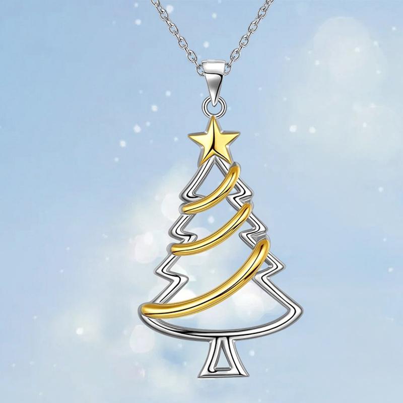 Huitan Hollow Two Tone Christmas Tree Pendant Necklace for Women Aesthetic Festival Gentle Star Accessories Winter Party JewelryGood product
