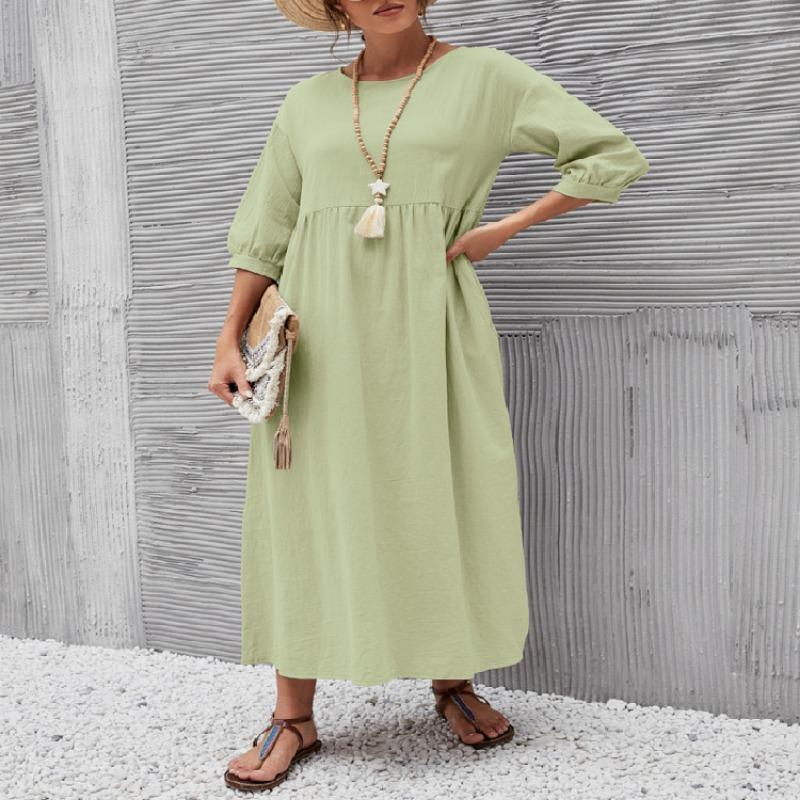 Estate Nuovo Solido Donna Abito Casual Taglia Forte Moda Manica a Lanterna Abiti Ampi Femminile Retro Cotone e Lino Tasca Signore Abito Lungo 24513