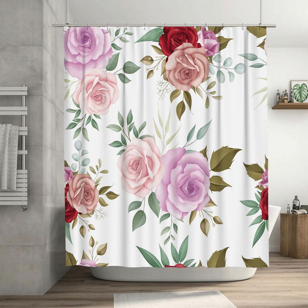 Floral Pattern Shower Curtain Pink Red Roses Design For Bathroom Decorations In Various Sizes