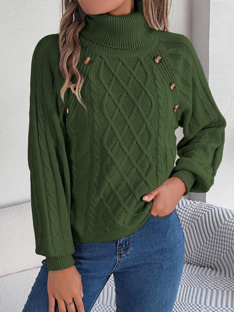 Herbst- und Winter-Freizeit-Unifarbener Knopf-Zopf-Rollkragen-Laternenärmel-Pullover, Damenbekleidung