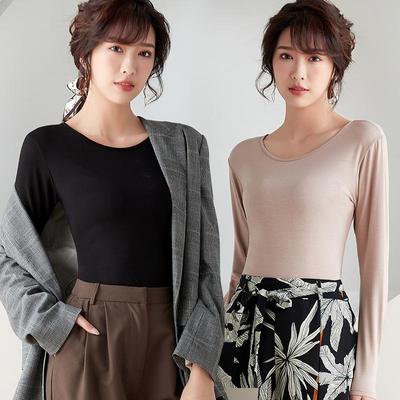 Modal Women's Slim Fit Long Sleeve Round Neck T-Shirt - Solid Color Versatile Autumn Top