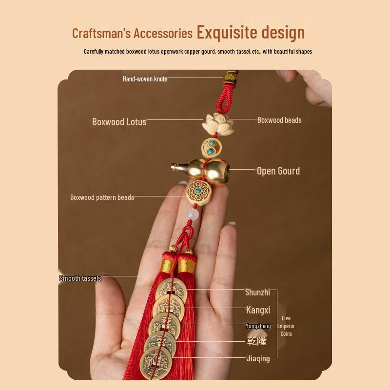 Brass Gourd Pendant with Five Emperor Coins - Boxwood Accessories for Door or Car Hanging Ornament