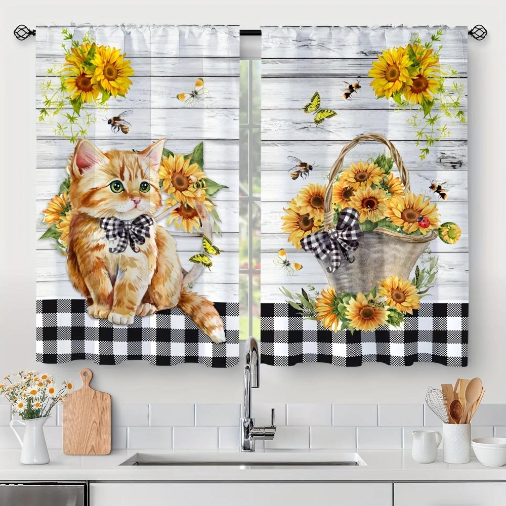 2 stücke Neue Moderne Frische Karierten Sonnenblumen Digital Gedruckt Home Dekoration Küche Kurze Fenster Vorhänge für Schlafzimmer Wohnzimmer W60xH100(CM)x2pcs&Rod Pocket