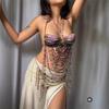 Handmade Music Festival Outfit Body Chain Layered Jewelry Top Women Sexy Purple Crystal Beaded Crop Top Chain and Waist Chain