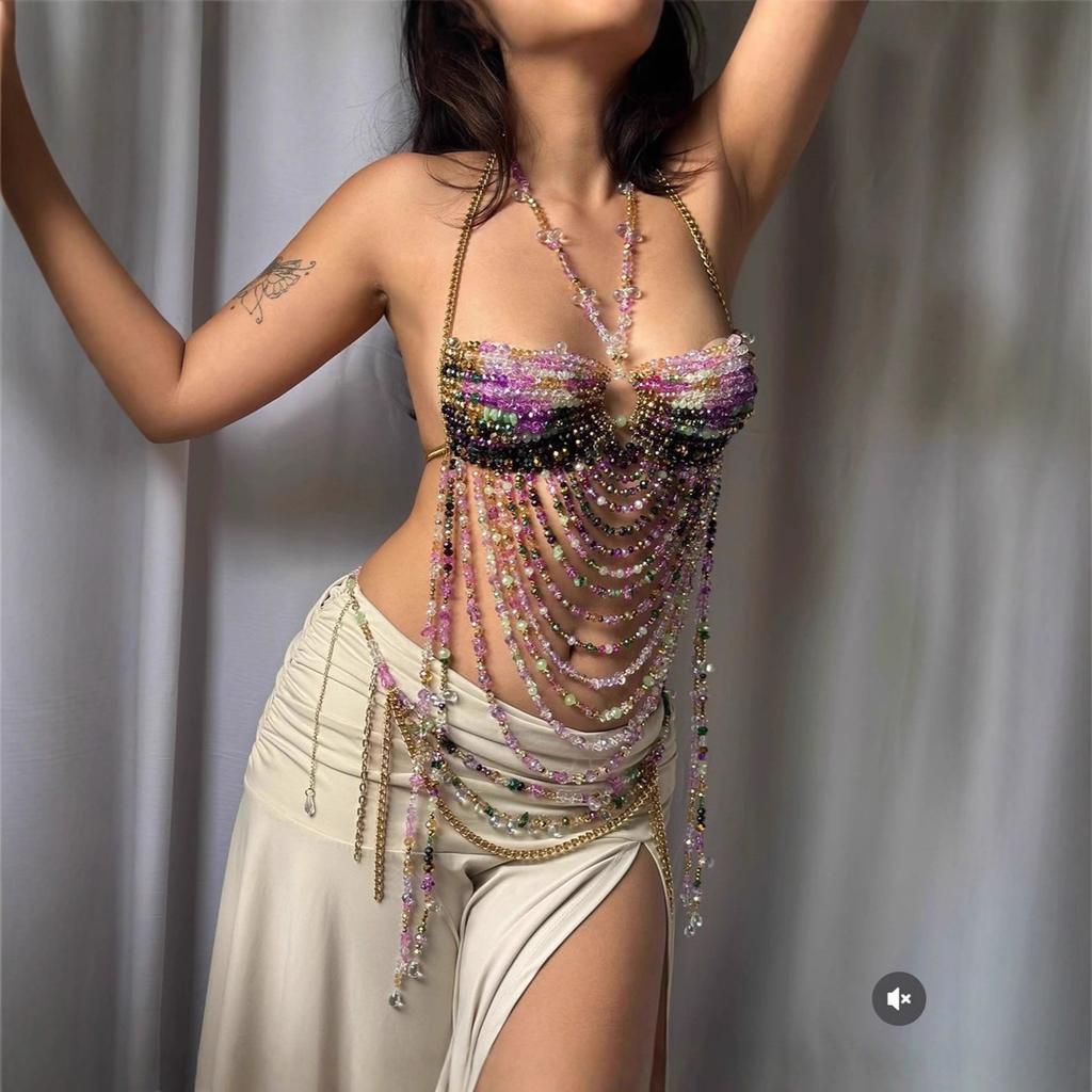 Handmade Music Festival Outfit Body Chain Layered Jewelry Top Women Sexy Purple Crystal Beaded Crop Top Chain and Waist Chain