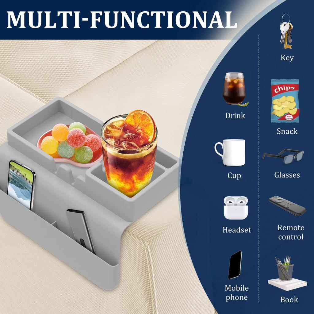 Sofa Cup Holder Silicone Sofa Armrest Tray with Side Pocket Dual Slot Beverage Snack Storage Phone Remote Control Organizer