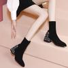 Fleece square head thick heel high heels women's autumn and winter 2025 new British wind and rhinestone suede elastic boots children