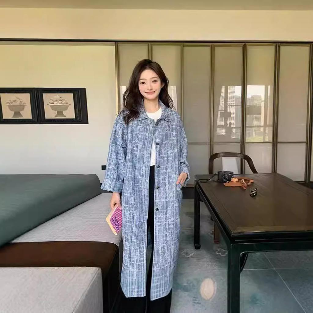 Blue Jacquard Long Denim Windbreaker Women's Autumn New Korean Style Versatile Loose Coat Jacket