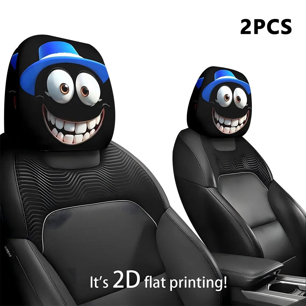 2pcs Horror Smiley Face Printed Car Pillowcase Soft Comfortable Decor Cushion Cover Universal Fun Head Cover Seat Protector