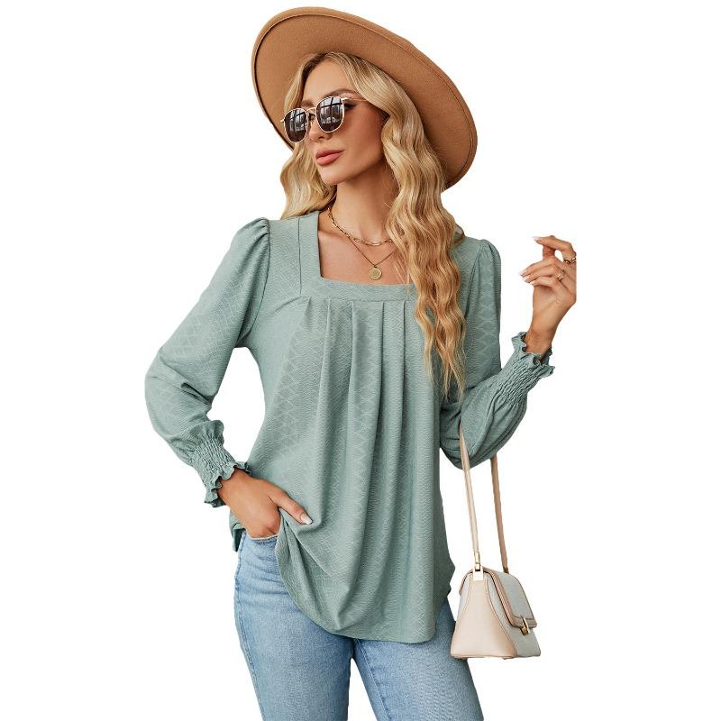 Solid Color Jacquard Pleated Square Neck Long Sleeve Tailcoat Solid Color T-shirt for Women