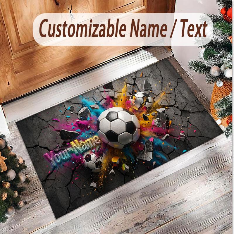 Soccer Theme Soft Crystal Velvet Rug Custom Name & Text Print Non Slip Floor Rug for Bedroom Living Room