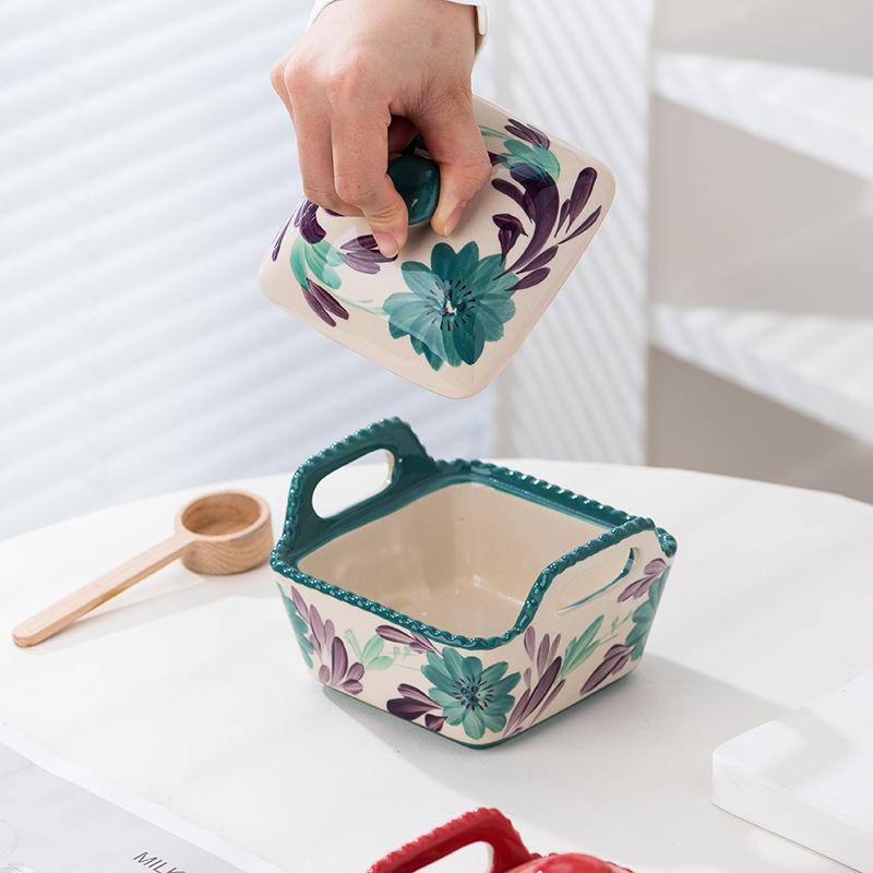 Ceramic Covered Bowl Hand-painted Candy Snack Storage with Lid Bead Point Baking Bowl Rice Bowl