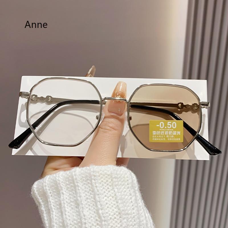 Fashion Finished Photochromic Myopia Glasses Metal Frame Blue Light Blocking Eyewear For Women Nearsighted Minus Diopters