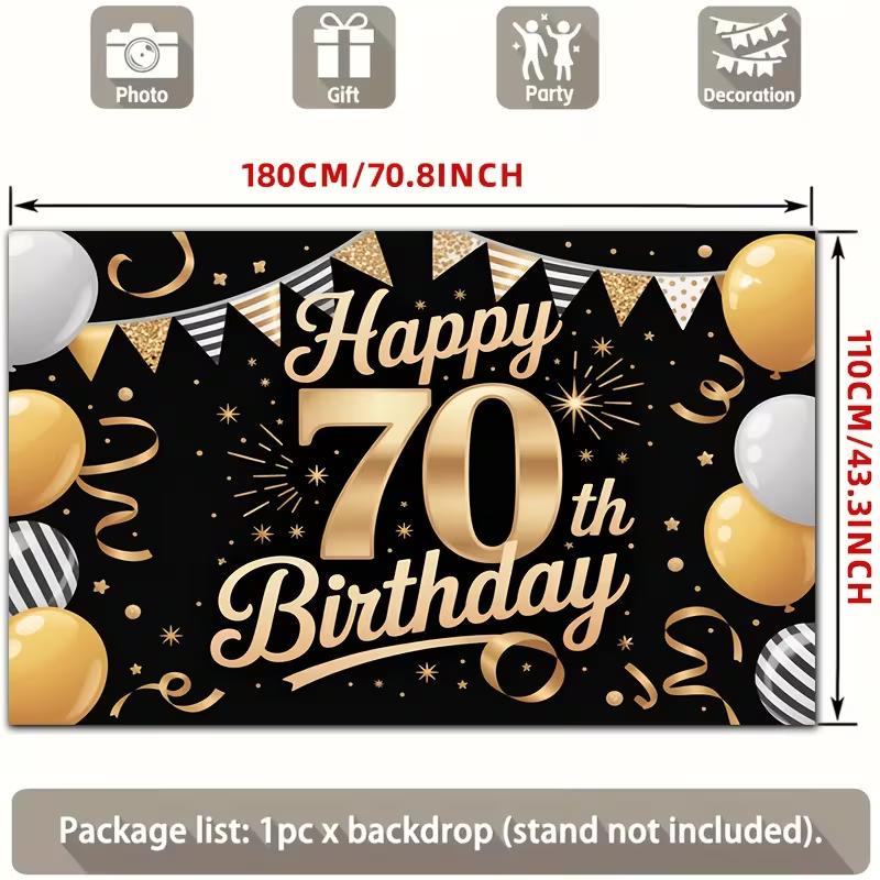 2D Happy 70th Birthday Backdrop Black Gold Ribbon Party Decoration