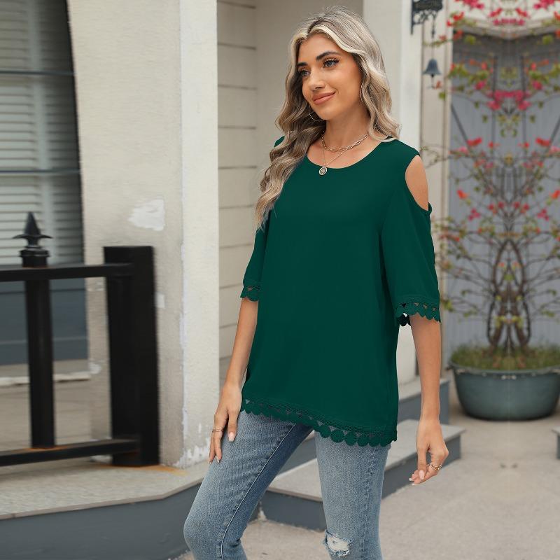 Women's Spring and Summer New Round Neck Lace Chiffon Shirt Loose Strapless Middle Sleeve Tops