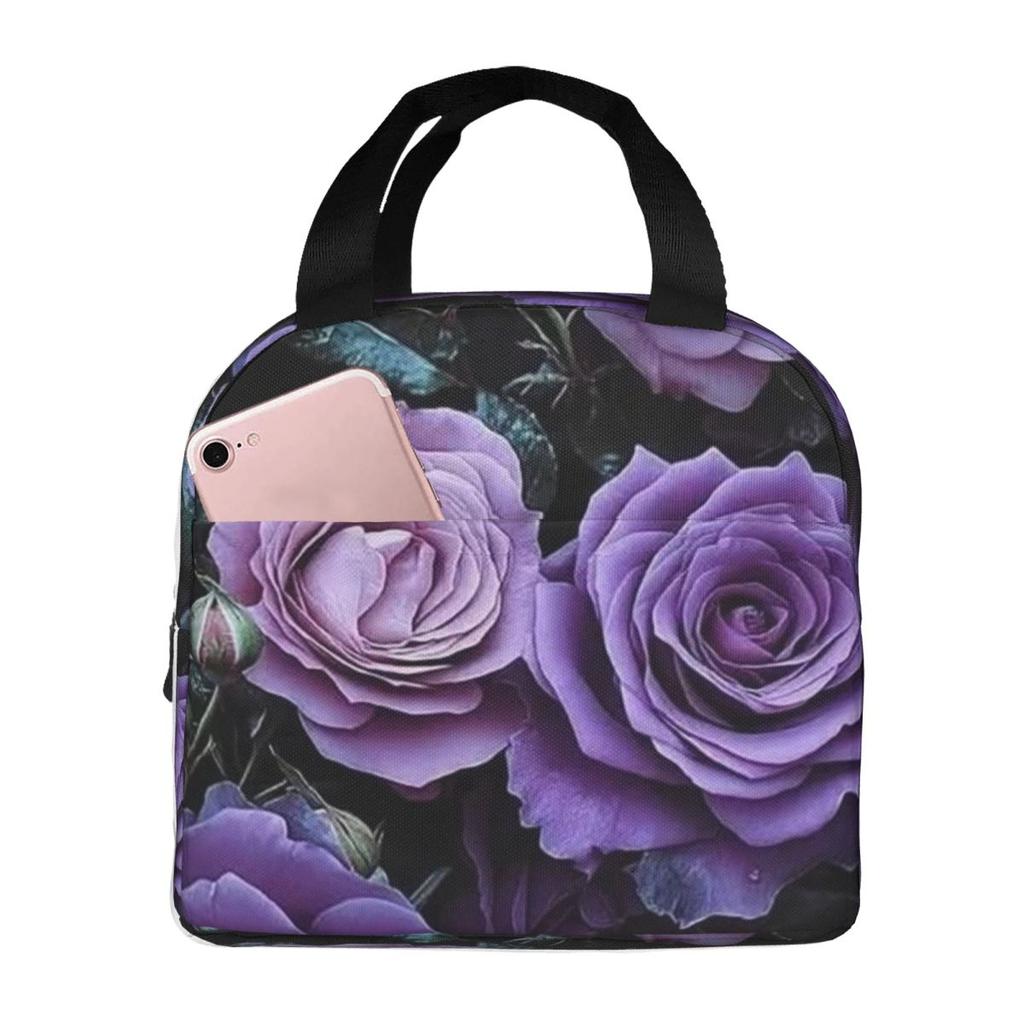 Light Purple Floral Pattern Insulated Lunch Bag for Women Children Leakproof Food Boxes Thermal Lunch Box Tote