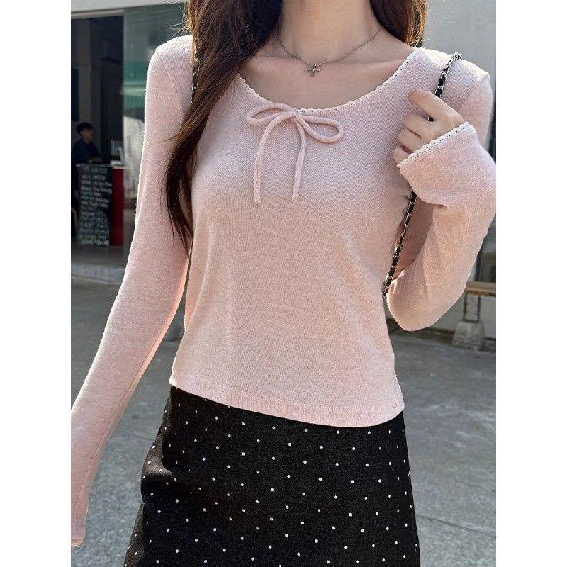 Women's Sweet & Spicy Bow Tie Lace Spliced Long Sleeve Slim Fit Top