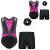 Girls Dance Gymnastics Outfit Sleeveless Crisscross Back Shiny Rhinestones Color Block Metallic Leotard Elastic Waistband Short