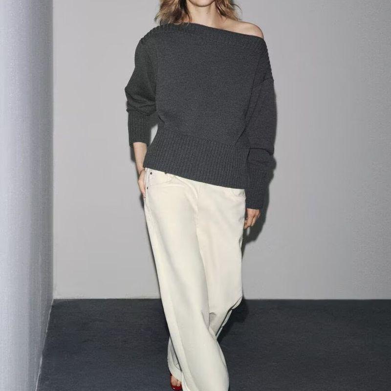 Zbzr Autumn New Women Clothes Western Style Fashion Temperament Simple off-Neck Long Sleeve Knit 6771139