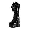 15cm Platform Hollow Boots Square High Heel Patent Leather Cross Tied Ribbon Side Zipper Long Shoes Dark Punk Black Lolita Shoes