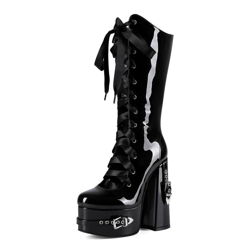 15cm Platform Hollow Boots Square High Heel Patent Leather Cross Tied Ribbon Side Zipper Long Shoes Dark Punk Black Lolita Shoes