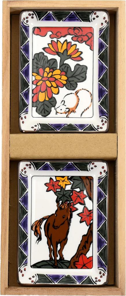 Ceramic Indigo Flower Card Facing Zodiac Plate, Rat/Horse, 10 x 7 x H1.6cm, 41175