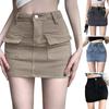 Summer Denim Skirt with Liner High Waist Button Zipper Fly Short Skirt with Fly Pockets Solid Color A-Line Hip Wrapped Skirt
