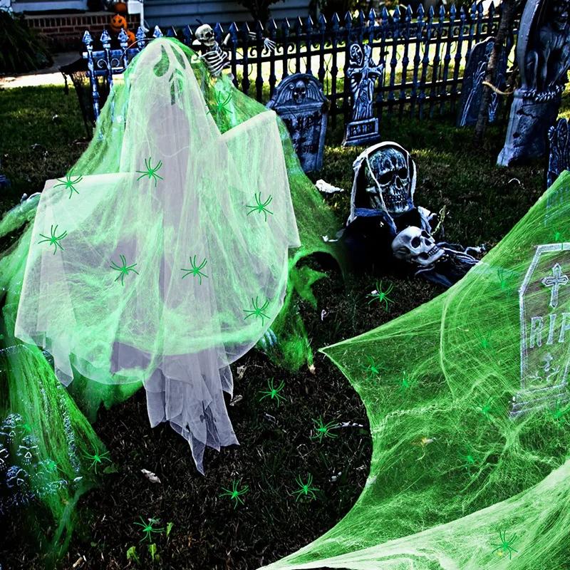 2027 Halloween Decor Halloween Glowing Spider Webs with Luminous Cobweb and Spiders for Haunted House, Horror Room Decor Props