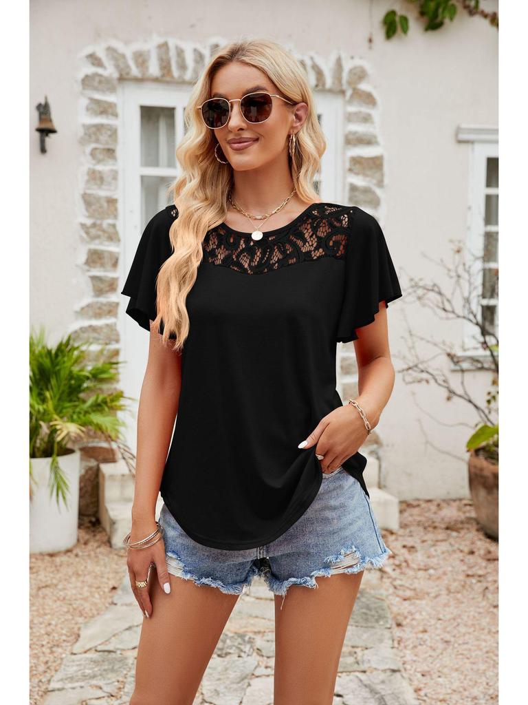 European and American Women's Solid Color Mesh Ruffle Short Sleeve T-shirt