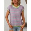 Women's Summer New Round Neck Knit Top Casual Stripe Clashing Sweater