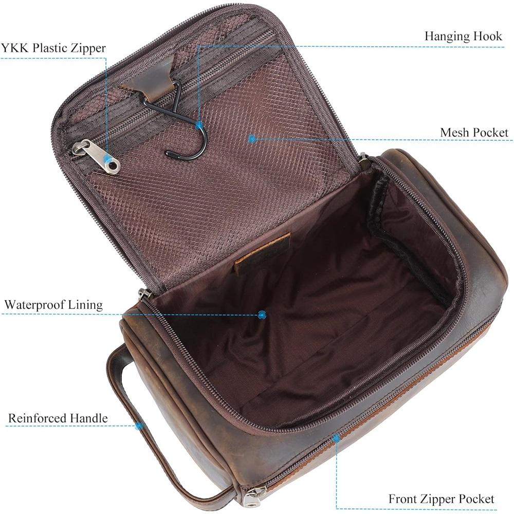 Men's Leather Hanging Toiletry Bag, Travel Shaving Kit, Portable Cosmetics Storage Bag, Toiletry Case