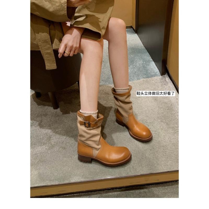 Vintage Splicing~ Soft Leather Medium Boots Brown Boots Short Boots Maillard Pile Boots Western Knight Boots Martin Boots