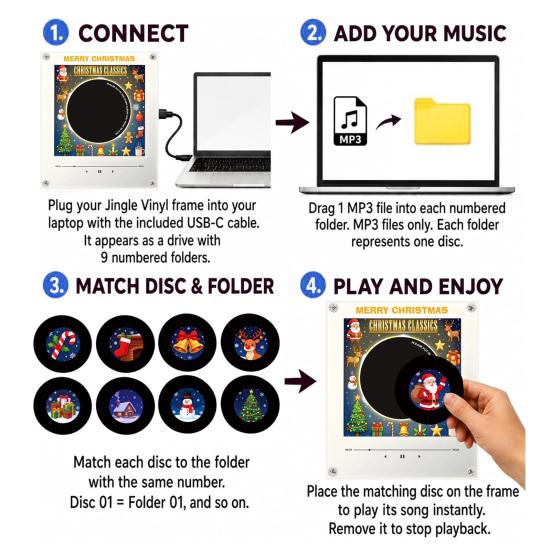 Magnete per Giradischi con Luce Notturna, Magnete per Frigorifero in Vinile, 9 Dischi Programmabili, Memoria da 128MB, Nessuna Musica, Luce LED Personalizzabile, Personalizzazione Magnetica NFC