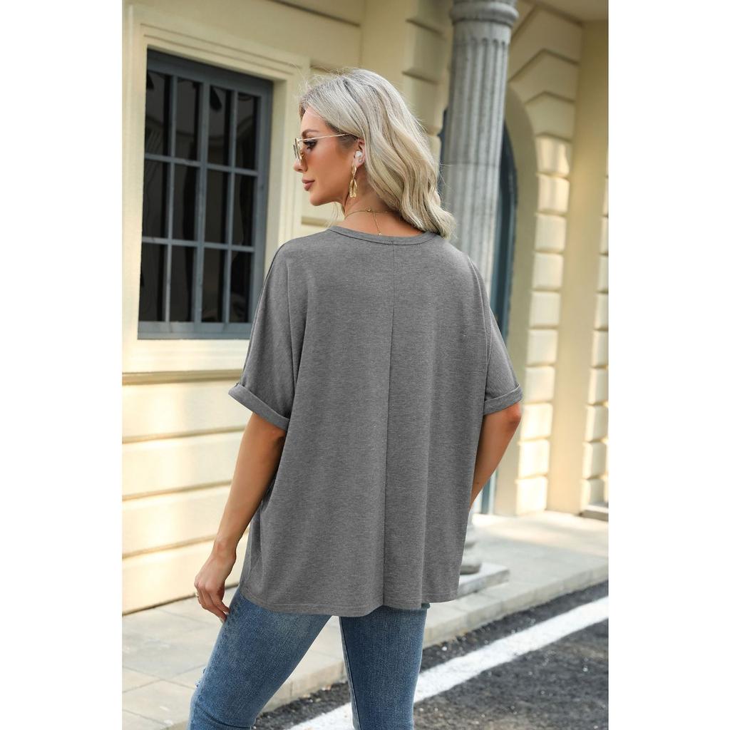HNXC Spring Summer Solid-color Round-neck Loose Short-sleeved T-shirt Top for Women