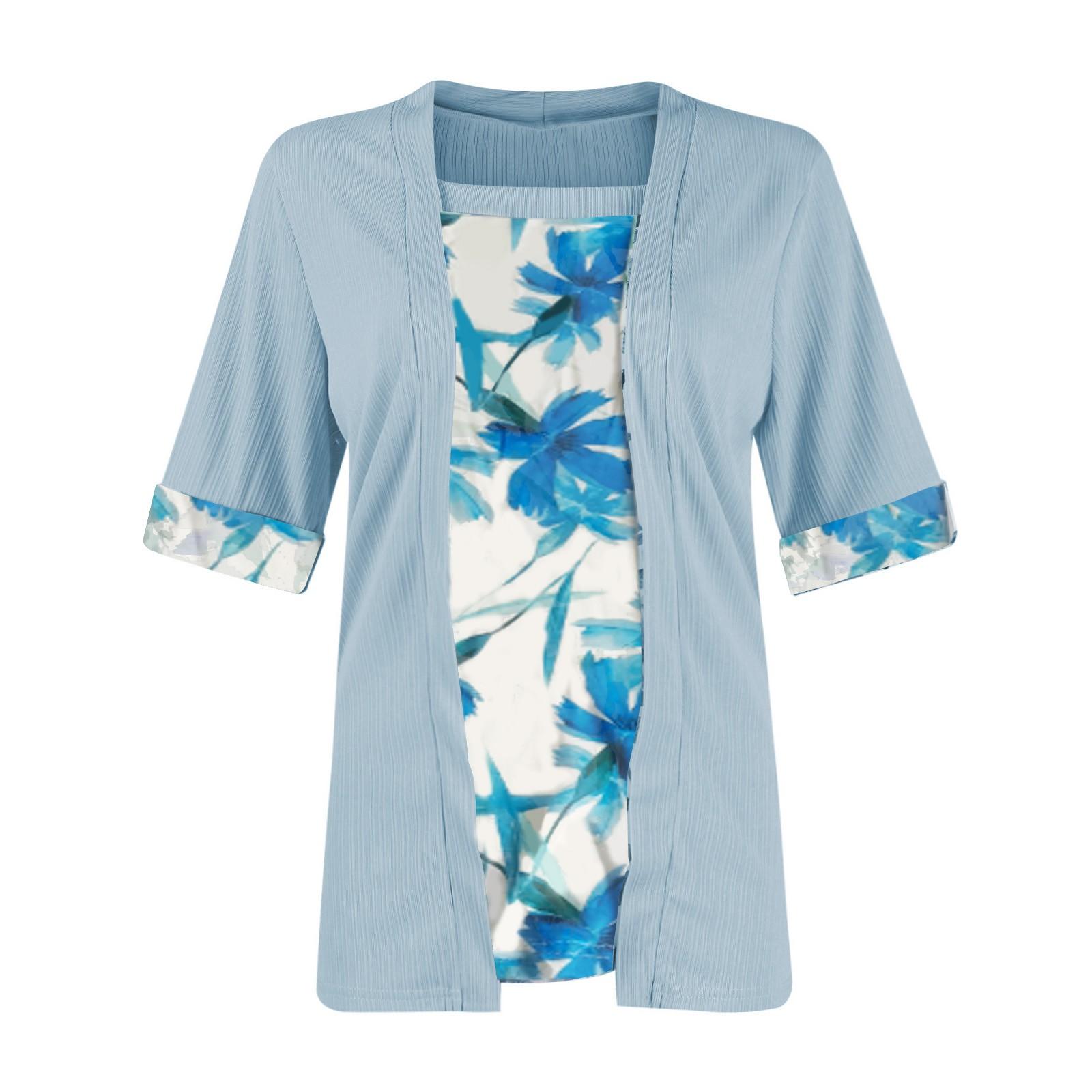 

Женская летняя квадратная горловина, поддельная двухкомпонентная футболка с короткими рукавами и цветочным принтом, топы для женщин M