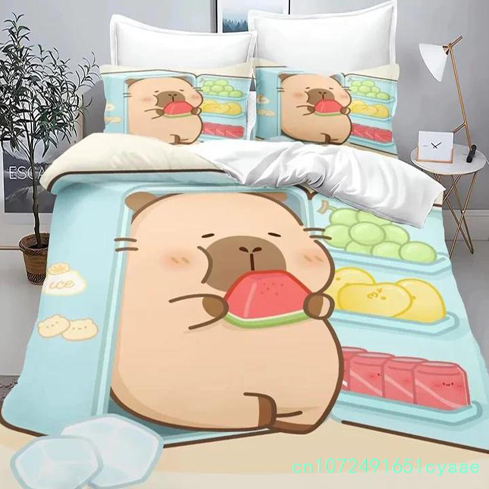 Cartoon Capybara 3D Printed Bedding Set Children's Duvet Cover Pillow Case Set Anime Polyester Cute Cartoon Home Decoration