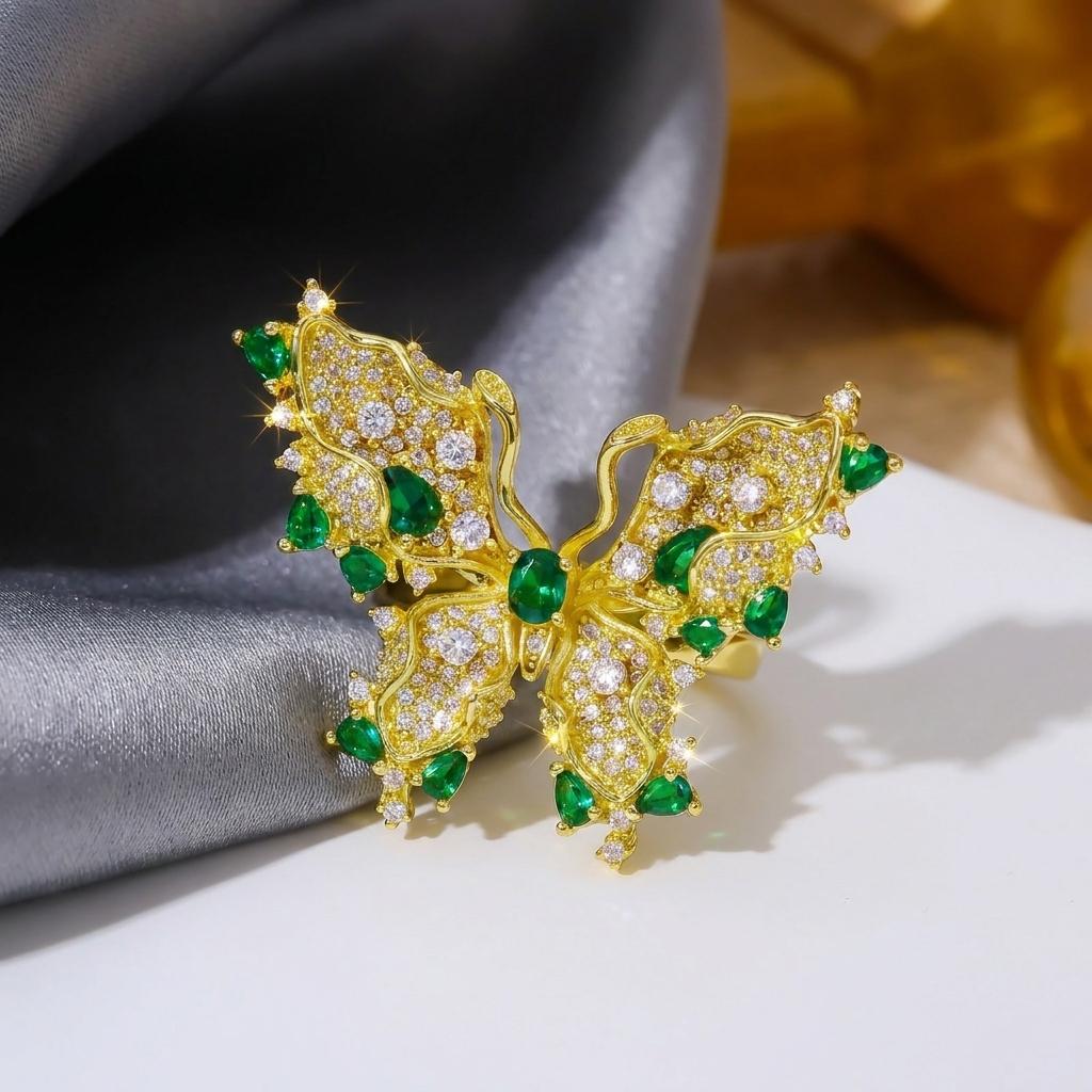 Shiny Green Crystal Butterfly Ring For Women French Style Inlaid Zircon Pearl Flower Waterdrop Crown Finger Ring Wedding Jewelry