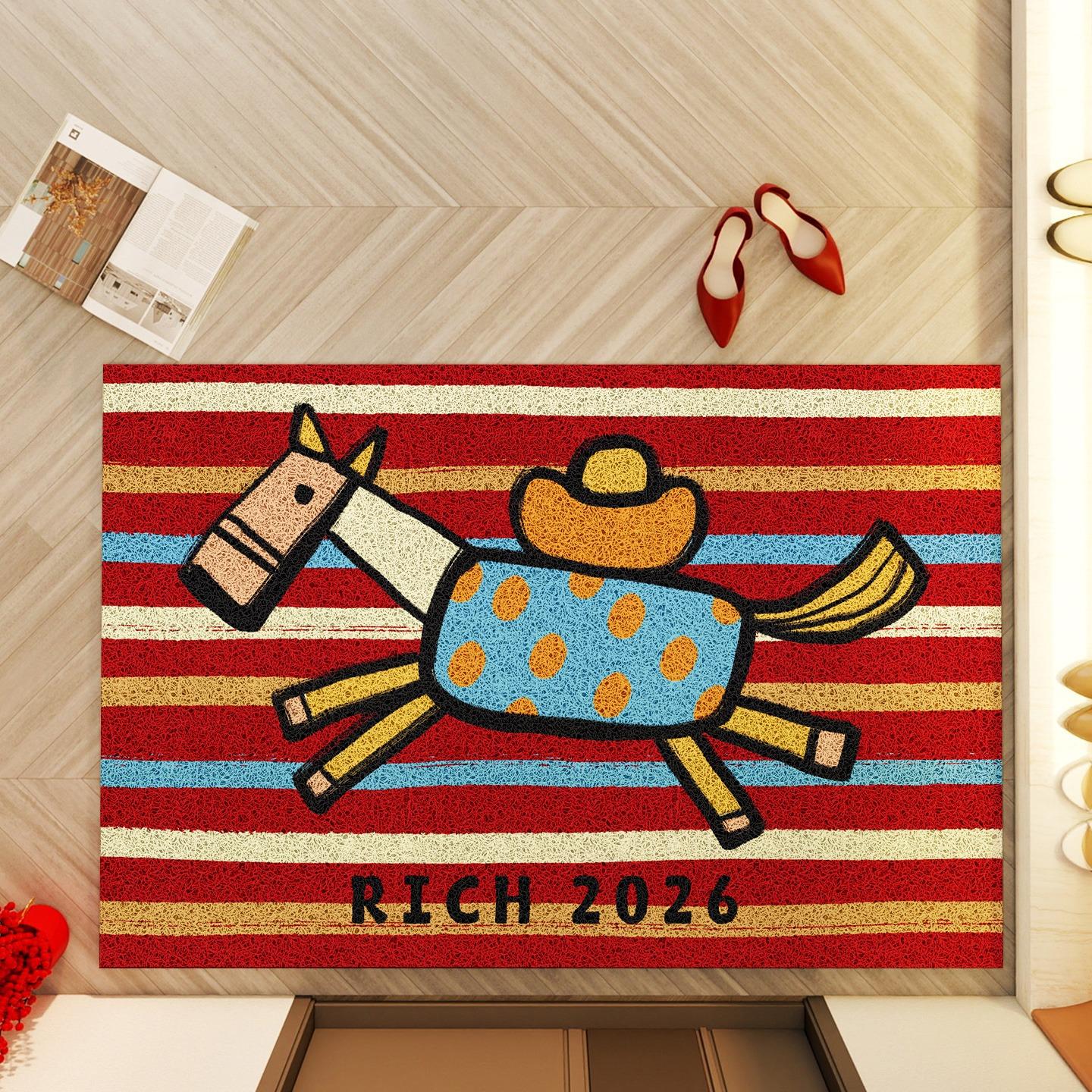 

2026 Year of The Horse Brings Great Fortune and Abundant Wealth Welcome Mat Door Mat Colorful Striped Anti Slip Entrance Carpet 40x60CM