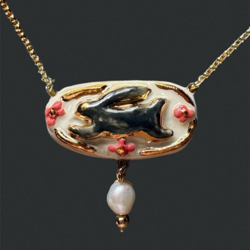 

New Chinese-Style White Jade Rabbit Running Engraved Simple Literary And Retro Stainless Steel Pendant Necklace Jewelry