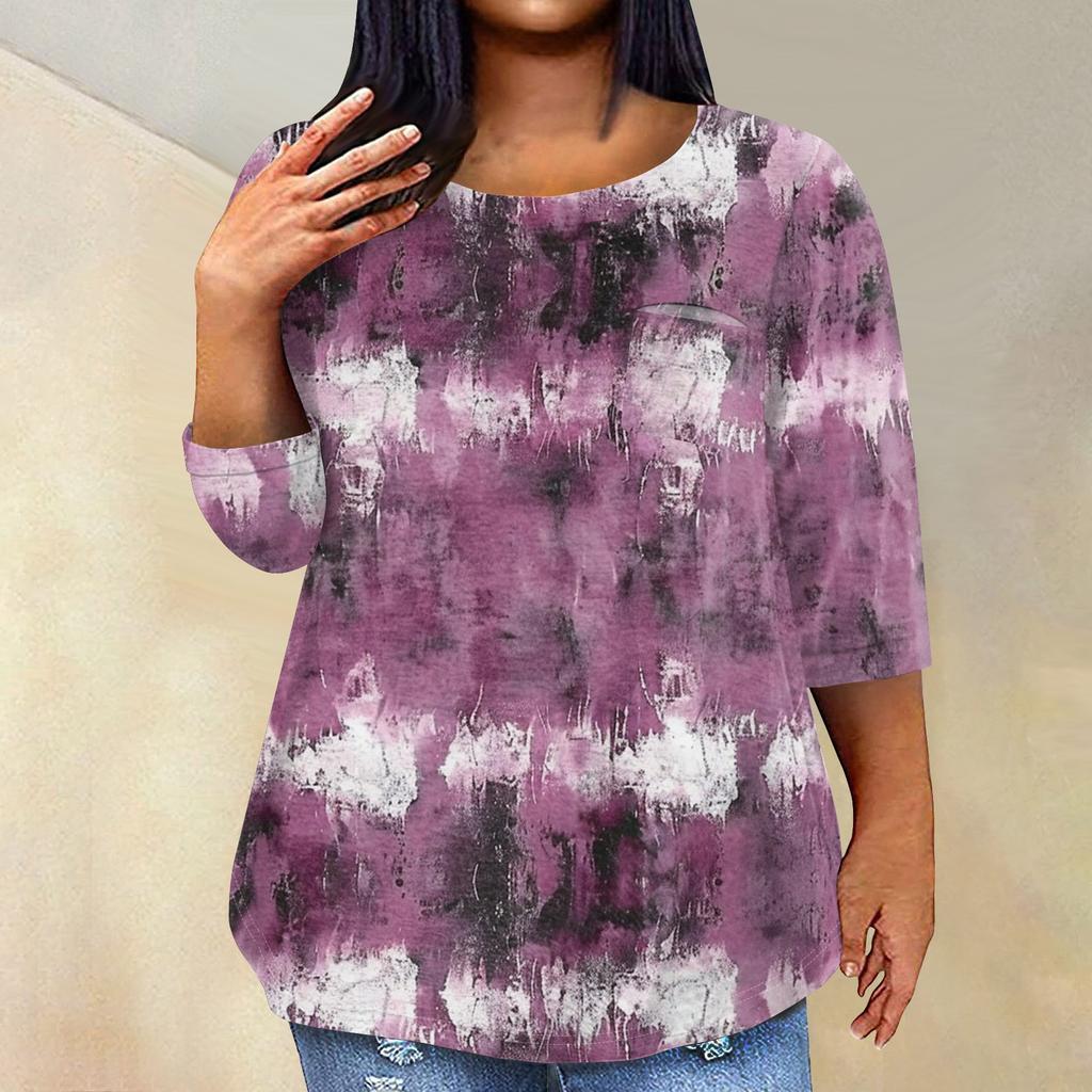 Women's Fashionable Casual Three Quarter Sleeve Printed Round Neck Pullover Top