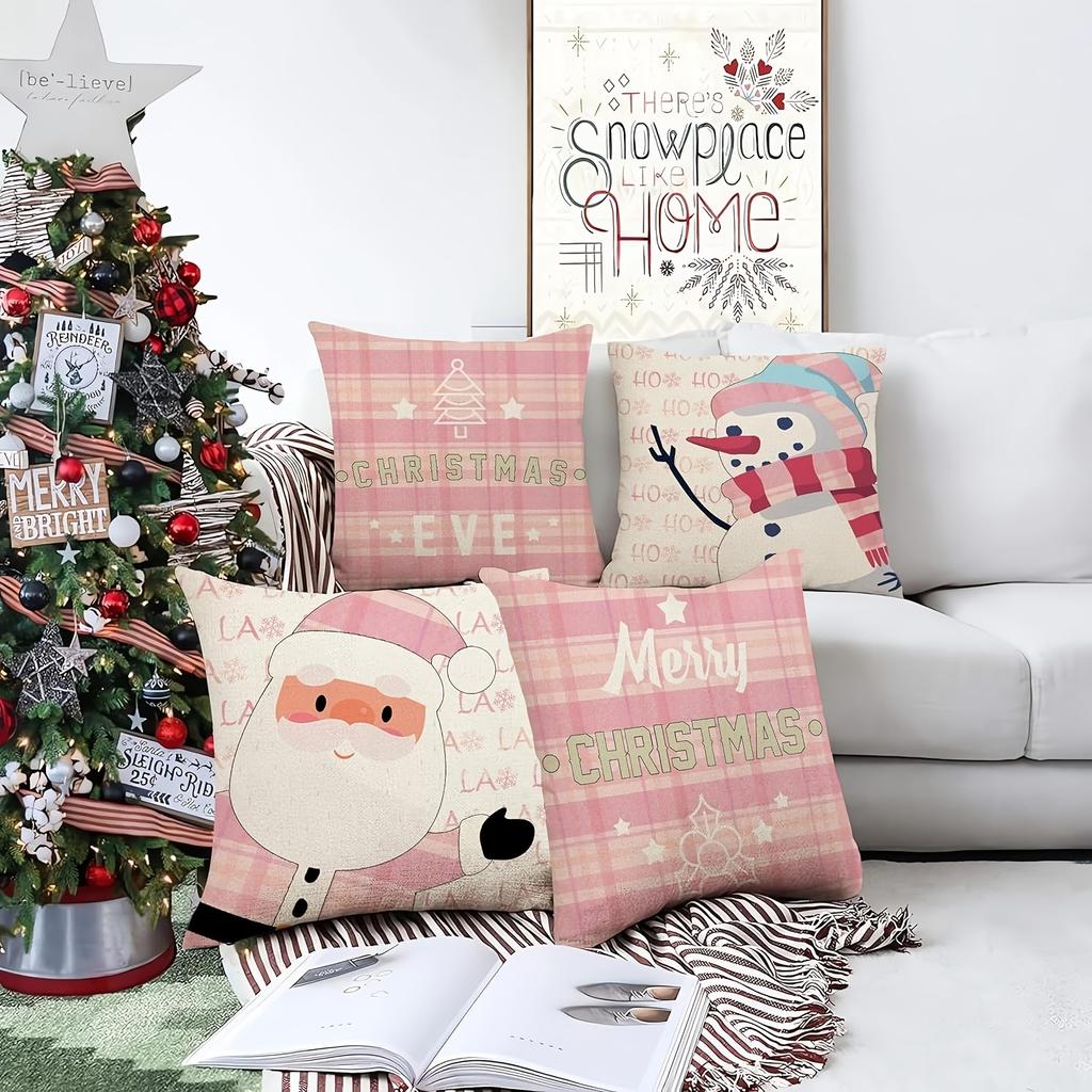 Festive Pink Christmas Pillowcases: Santa, Snowman, Merry Christmas & Christmas Eve Designs home room decoration
