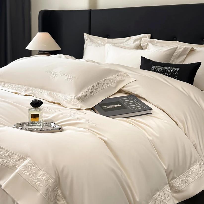 Beige Egyptian Cotton Bedding Set Luxury Hotel Style Embroidery Duvet Cover Set Flat/Fitted Bed Sheet Pillowcases Home Textiles